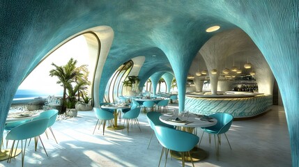 Fototapeta premium Tropical wave themed restaurant with curved architecture and blue accents