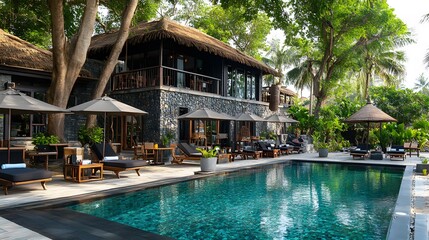 Resort beach club cafe with poolside seating and chic decor