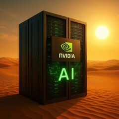 High-tech Nvidia AI data server stands illuminated in glowing green under the desert sun, sunset background and warm tones highlight innovation, future power, and global AI reach, commercial 