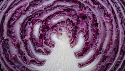 Obraz premium Vibrant Vegetable: A close-up shot reveals the intricate interior of a fresh red cabbage, showcasing its beautiful layers and textures.