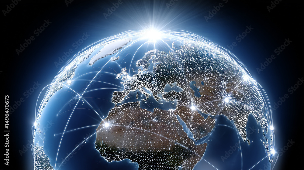 Poster the global network of connections illuminating the earth with bright lines of data and communication