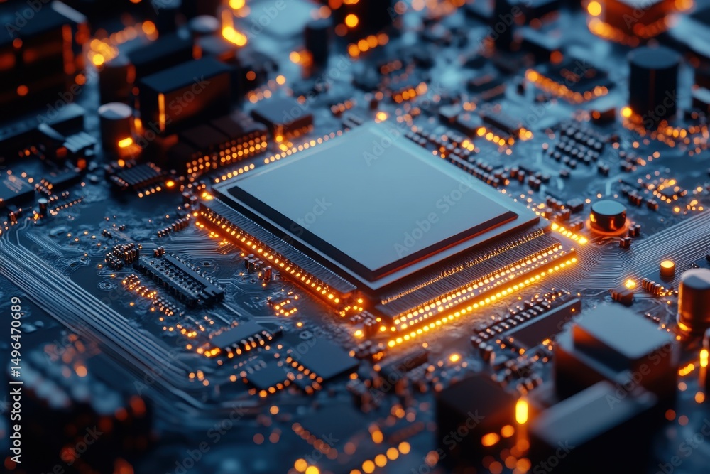 Poster advanced gpu ram microchip showcased on a sophisticated circuit board highlighting cutting-edge tech