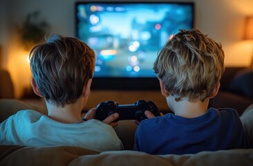 Two young boys sitting on a couch playing video games together on a large TV screen in a cozy living room setting with warm lighting