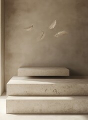 Light beige steps, floating feathers