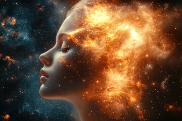 Profile of a serene woman with closed eyes surrounded by cosmic elements and fiery nebula blending into her hair, evoking a sense of cosmic connection and tranquility