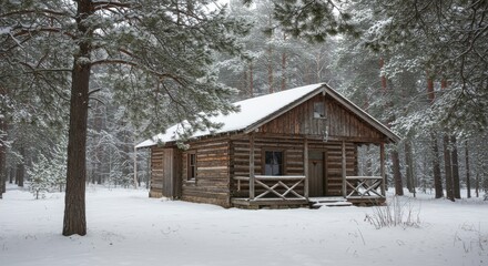 Snowy Cabin in the Woods: A rustic wooden cabin stands serene in a winter wonderland, nestled amidst towering snow-covered trees, evoking a sense of tranquility and solitude.
