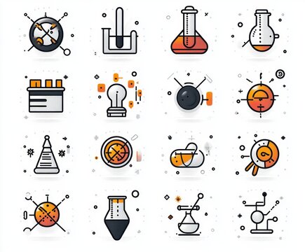 Set of sixteen stylized science laboratory and experiment icons including flasks, light bulb, test tubes, and scientific equipment in black and orange accents