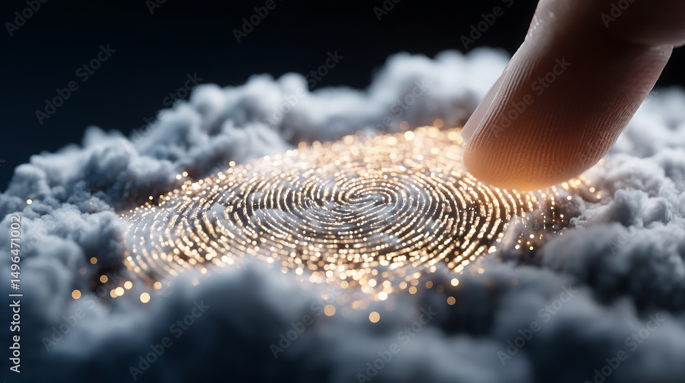 Poster the intricate pattern of a fingerprint illuminated by soft light emerging from a cloudy background