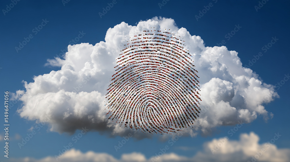 Poster the intricate pattern of a fingerprint illuminated by soft light emerging from a cloudy background