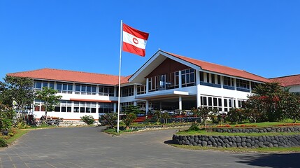Peruvian flag with building, and sunny day.