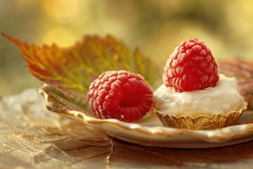 Raspberry Cream Delight: Close-up of raspberries with cream on a decorative plate