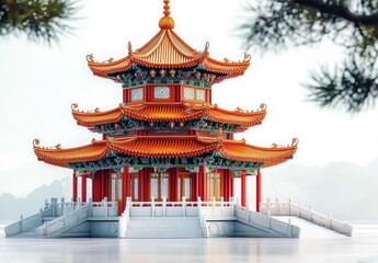 Obraz premium Traditional multi-tiered red and orange pagoda with intricate green detailing and white stone stairs surrounded by mist and trees in a serene mountainous landscape