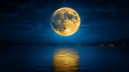 A luminous, full moon dominates a dark night sky, its golden light reflecting serenely on a calm body of water, hills silhouetted on the horizon