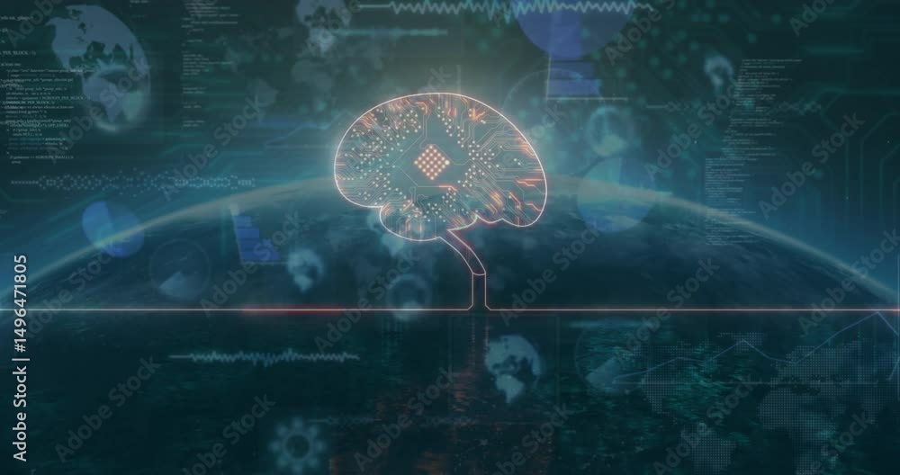 Poster pulsing neon line starting brain rising nodes glowing icons orbiting code flowing showing network