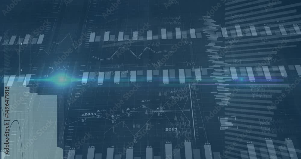Poster chart opening on grid, bars animating overlapping lines drawing and flare sweeping visualizing data