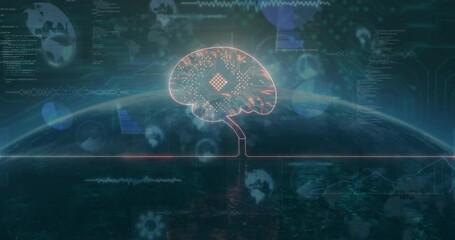 Pulsing neon line starting brain rising nodes glowing icons orbiting code flowing showing network - Powered by Adobe