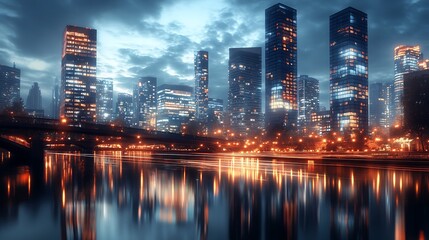 Fototapeta premium A nighttime cityscape reflecting in a river.