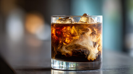 Artisan non alcoholic espresso tonic in rocks glass with swirling espresso details (AI Image)