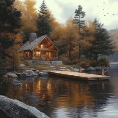 Fototapeta premium Cozy wooden cabin with glowing windows near a wooden dock on a calm lake surrounded by autumn trees under a cloudy sky with birds flying