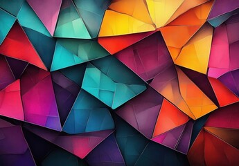 Abstract geometric pattern made of vibrant, overlapping, multi-colored polygonal shapes creating a dynamic and energetic visual effect