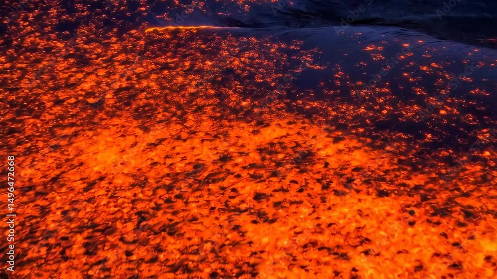 Poster aerial view of lava flowing on a dark surface, creating a pattern of bright orange and red colors in