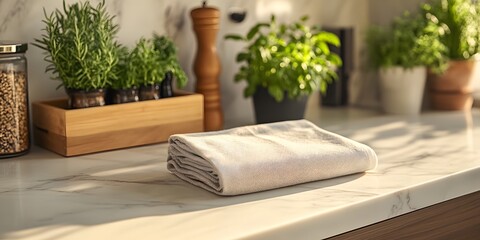 Folded White Towel on Marble Kitchen Countertop, Sunlight, Herbs in Pots