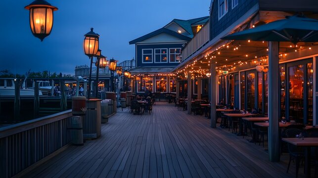Fototapeta Waterfront dock restaurant with lanterns and vintage maritime design