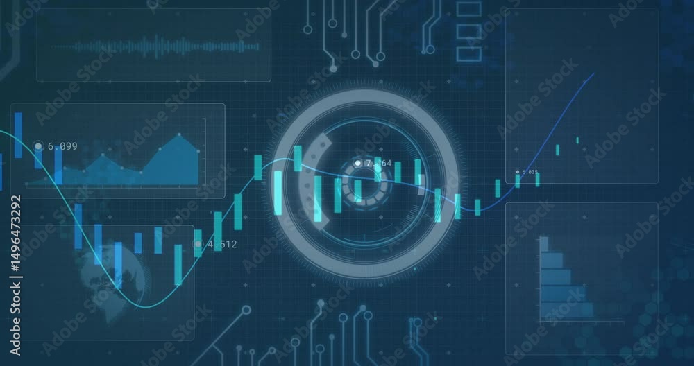 Poster after hud glow, candlestick bars shifting and trend line rotating for showing real-time data trends