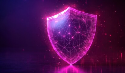 Glowing digital shield with interconnected nodes and lines in neon pink and purple colors representing cyber security and protection