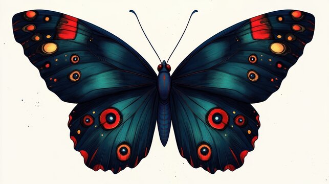 Detailed illustration of a symmetrical butterfly with dark blue wings and vivid red, orange, and yellow circular patterns, evoking a sense of calm and fascination