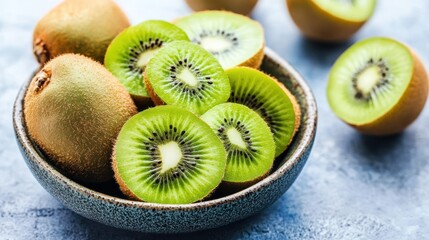 Fresh kiwi slices in bowl, textured background, healthy food concept