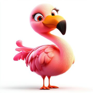 cute animated pink flamingo standing with big eyes and a friendly smile on a white background