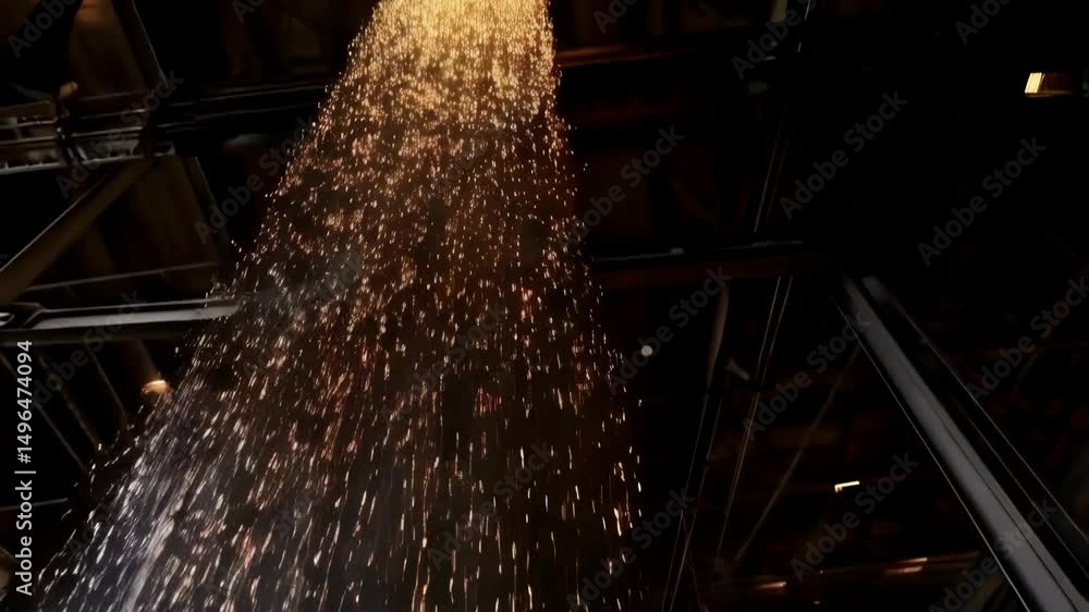 Poster metalworking in a workshop with streams of sparks and industrial machine, creating a hot rain in the