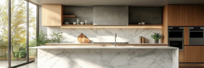 Modern kitchen interior featuring marble island, wooden cabinets, built-in oven, plants, and large glass windows with natural sunlight