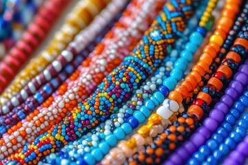 Colorful close up of intricate beaded jewelry showcasing vibrant patterns and textures, Closeup of colorful beaded jewelry with intricate design