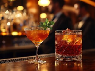 Two amber cocktails on a bar counter with blurred background of people and warm lighting, evoking a cozy and social atmosphere