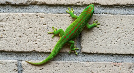 Green Gecko on Brick Wall: A vibrant green gecko with intricate patterns, clings to a textured brick wall.  Its delicate feet and long, slender tail reveal its agility and unique beauty.