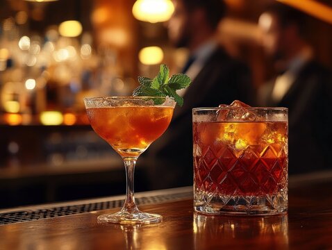Two amber cocktails on a bar counter with blurred background of people and warm lighting, evoking a cozy and social atmosphere - Powered by Adobe
