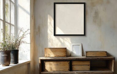 Sunlit rustic interior with wooden storage boxes on an aged wooden cabinet, empty picture frame on textured white wall, and plants in ceramic pots on a windowsill