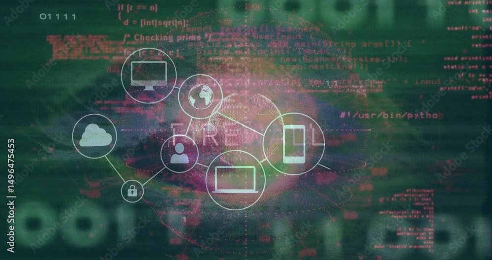 Poster glitchy code streaming over firewall sphere initiating icons linking illustrating secure network