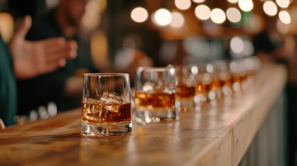 Guests Enjoying Whiskey Tasting Experience at a Bar with Rare Selection of Spirits and Ice in Glasses