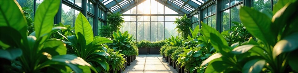 A vibrant array of lush green plants thriving inside a modern glass greenhouse, sunlight streaming through the panes ,  flowers,  growing