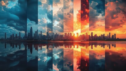 City skyline with tall buildings reflected on water under transitioning sky from stormy blue to bright orange sunset showcasing dynamic weather changes