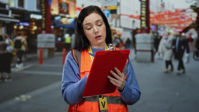 Woman volunteer outside on street wearing vest holding clipboard brunette standing outdoors urban setting multicultural city environment