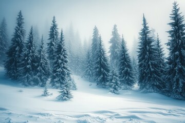 Naklejka premium Snow-covered pine trees in a foggy winter forest landscape creating a serene and cold atmosphere