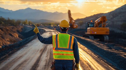 Construction worker wearing safety gear directing or signaling on a dirt road at a construction site with excavators in the background at sunset