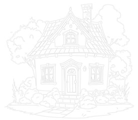 Outline Drawing of a Countryside House Surrounded by Trees and Flowers Original vector