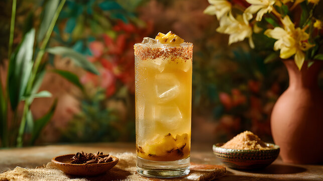 Refreshing pineapple tepache with floating spices and terracotta tropical backdrop (AI Image)