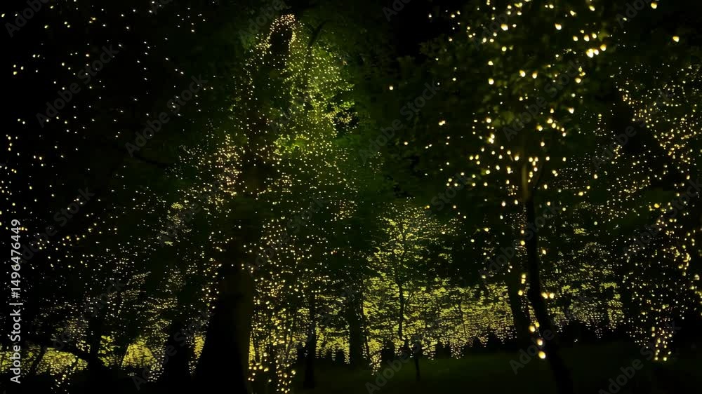 Poster enchanting forest at night with branches decorated in sparkling string lights, illuminating trees an