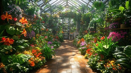 Obraz premium Lush Indoor Garden Oasis with Colorful Flowers and Green Plants